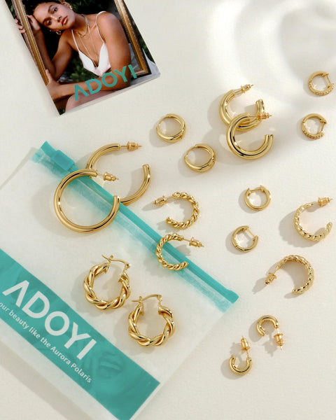Adoyi Gold Hoop Earrings Set for Women Girls Trendy 14K Plated Gold Hoops Small Chunky Earrings Twisted Huggie Ear ring Pack Lightweight 9 Pairs Jewelry Set for Valentines Mother's Day Birthday Gifts