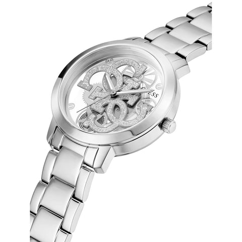 GUESS Ladies Trend Clear 36mm Watch – Glitz Dial with Silver-Tone Stainless Steel Case & Bracelet GUESS