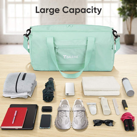 BALEINE Gym Bag for Women and Men, Small Duffel Bag for Sports, Gyms and Weekend Getaway, Waterproof Dufflebag with Shoe and Wet Clothes Compartments, Lightweight Carryon Gymbag (Green) BALEINE