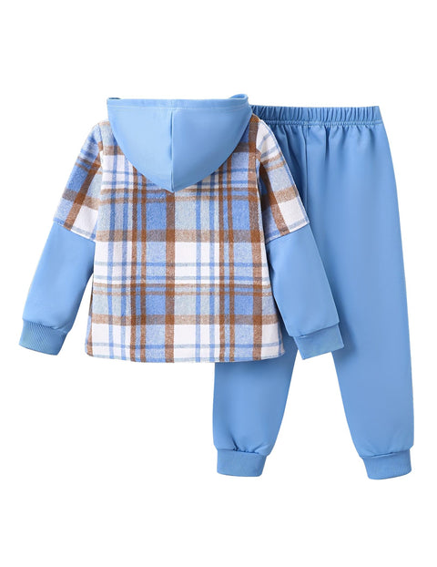 Fdqin 2Pcs Kids Boys Flannel Plaid Shirt Tops Pants Set Hoodie Sweatsuit for Fall Winter Spring Outfits Blue 9-10Year