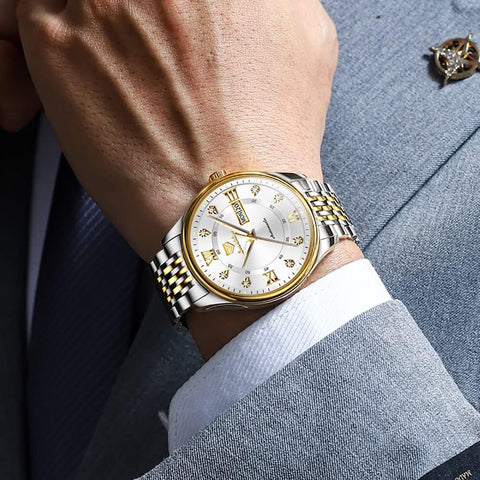 OLEVS Automatic Watches for Mens Luxury Diamond Self Winding Mechanical Dress White Wrist Watch Waterproof Luminous Stainless Steel Day Date OLEVS