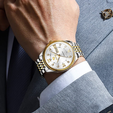 OLEVS Automatic Watches for Mens Luxury Diamond Self Winding Mechanical Dress White Wrist Watch Waterproof Luminous Stainless Steel Day Date OLEVS