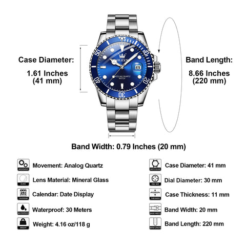 OLEVS Mens Silver Tone Watch Big Face Stainless Steel Band Blue Dial Round Dress Watches for Men Easy to Read Calendar Date Sport Analog Quartz Man Wristwatch Waterproof Luminous Reloj para Hombre