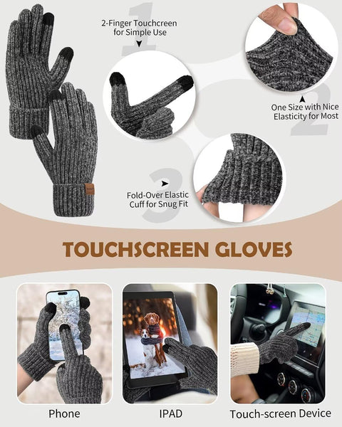 Women Beanie Scarf Gloves Headband Set for Winter, Chenille Beanie Hats Ear Warmer with Fleece Lined Knit Scarf Touchscreen Gloves, Fashion 4 in 1 Warm Xmas Gift Set for Cold Weather-Gray Winuesa