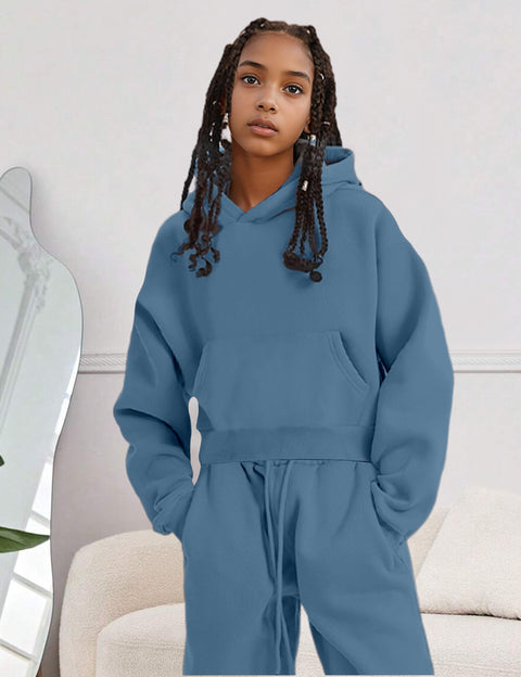 AGERWAY Clothes for Girls Sweatsuit Fall Winter Clothing Sets Fashion Hoodie Sweatshirts and Pants Sets 2Pcs Kids Clothes Girls Outfits Size 7/8 Grey Blue