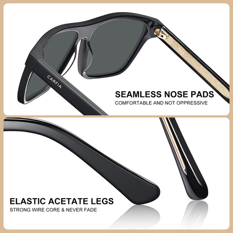 CARFIA Black Curved Acetate Polarized Sunglasses for Men UV Protection, Cool Retro Eyewears with Embossed Pattern Wire Core