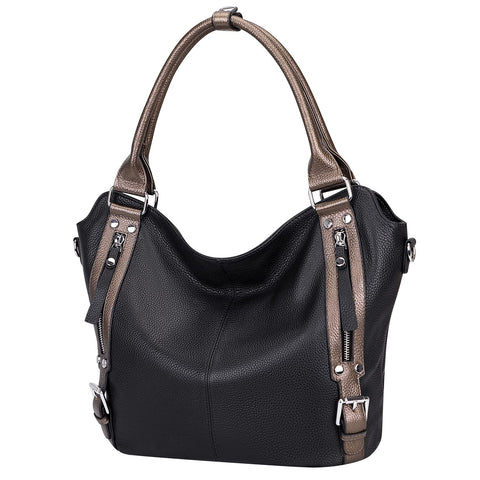 Over Earth Genuine Leather Handbags for Women Hobo Shoulder Bag Ladies Leather Tote Bag(O172E Black/Bronze) Over Earth