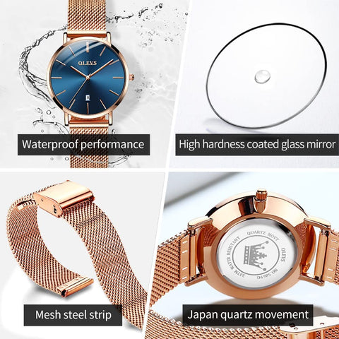OLEVS Watch for Womens and Bracelet Gift Set Rose Gold for Lady Female Navy Blue Big Face Ultra Thin Minimalist Date Analog Quartz Wristwatch Waterproof with Mesh Steel Band