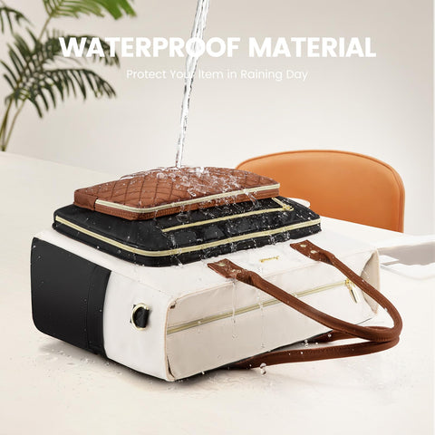 LOVEVOOK Teacher Tote Bag for Women Work, Laptop Bag With Large Cup Holder, Nurse Bags Professional Briefcase Business Computer Purses Handbag, Black-Beige-Brown, 15.6 Inch