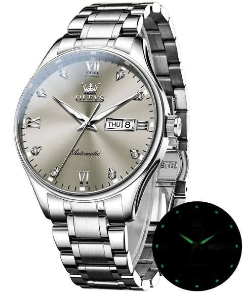 OLEVS Self Winding Watch for Men Automatic Mechanical Watches Luxury Stainless Steel Luminous Waterproof Calendar Mens Watch Silver Band Grey Dial OLEVS