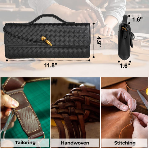XINGFENGSU Woven Evening Bag Clutch Purses For Women, Woven Leather Crossbody Bag Purse For Women With Gold Chain. (Black) XINGFENGSU