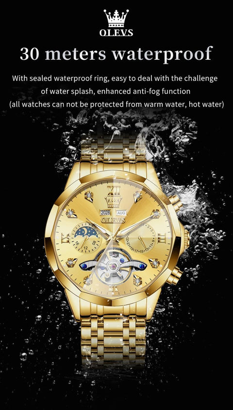 OLEVS Automatic Men Gold Watch Skeleton Mechanical Business Dress Stainless Steel Waterproof Luminous Calendar Luxury Classic Wrist Watch Male