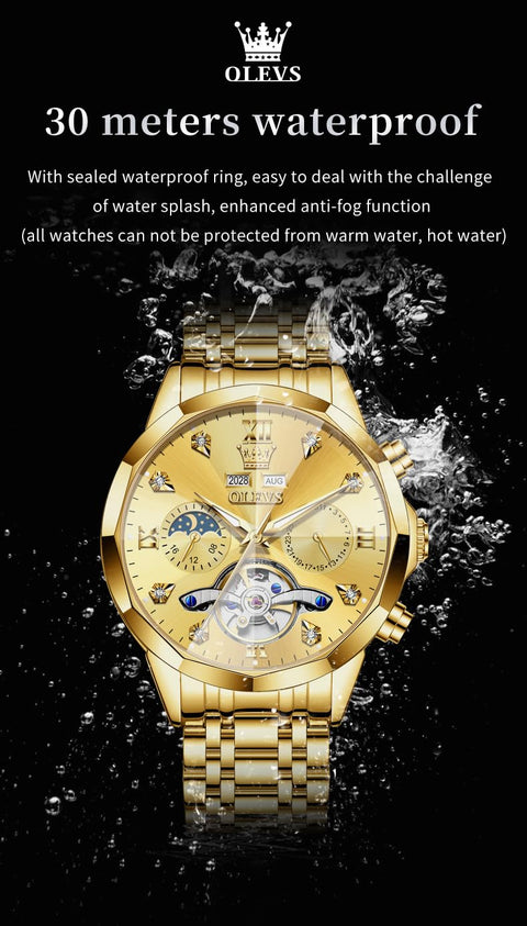 OLEVS Automatic Men Gold Watch Skeleton Mechanical Business Dress Stainless Steel Waterproof Luminous Calendar Luxury Classic Wrist Watch Male
