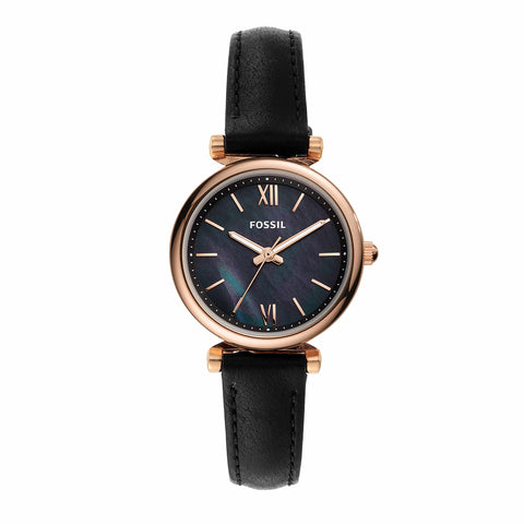 Fossil Women's Carlie Mini Quartz Stainless Steel and Leather Three-Hand Watch, Color: Rose Gold, Black (Model: ES4700) Fossil