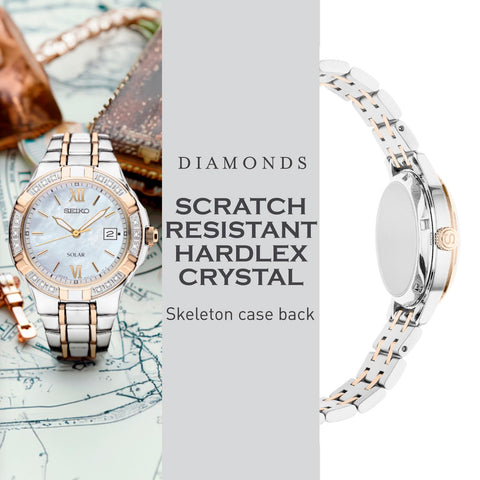 SEIKO SUT068 Watch for Women - Diamond Collection - with 18 Diamond Accents, Solar Power, Mother-of-Pearl Dial, Two-Tone Rose Gold Stainless Steel Case & Bracelet, and Water-Resistant to 50m SEIKO