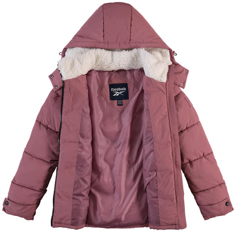 Reebok Womens Puffer Jacket - Heavyweight Puffer Coat with Faux Fur Trim Hood - Outerwear Down Winter Jackets for Women, Size Medium, Dusty Rose