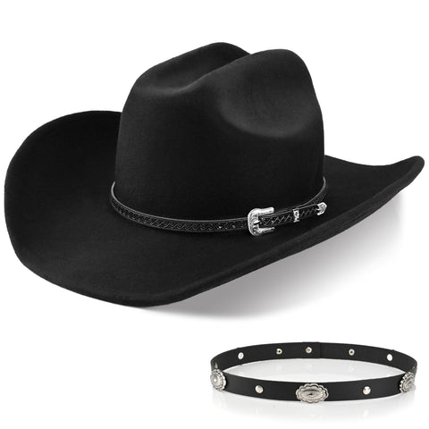 100% Wool Western Cowboy Hat for Men Women Classic Fedora Hat Felt Cowgirls Hats with Two Decorative Bands (US, Alpha, Large, X-Large, Black-A)