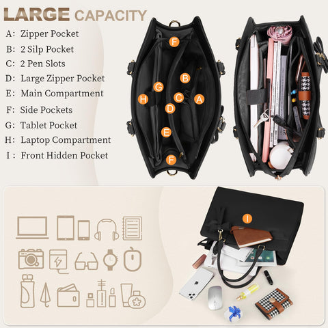 Laptop Bag for Women 15.6 inch Leather Laptop Tote Bag Large Computer Bag Waterproof Business Office Work Bag Briefcase with Satchel Purse 2pcs Set, Black NUBILY