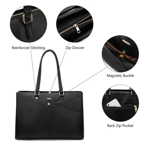 Laptop Tote Bag for Women 15.6 Inch Waterproof Leather Computer Bags Business Office Work Briefcase Black LOVEVOOK