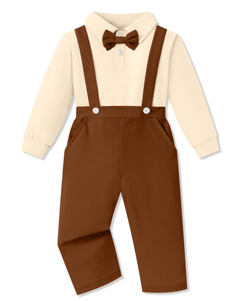 YALLET Toddler Baby Boy Clothes Polo Neck Long Sleeve Tops with Removable Bowtie + Overalls Fall Winter Outfits Set(3-4T, Apricot/Brown)