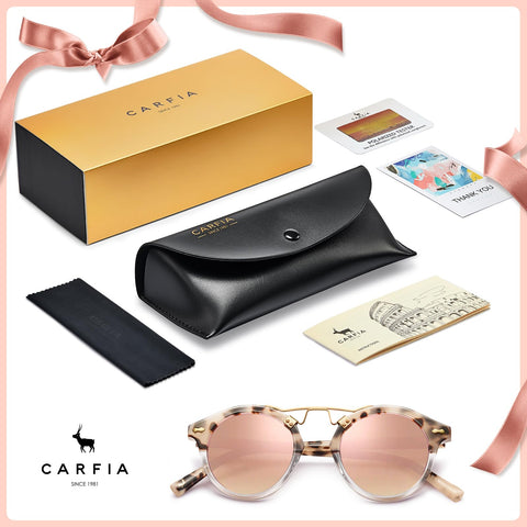 CARFIA Small Pink Mirrored Polarized Sunglasses for Women UV Protection, Acetate Eyewear Double Bridge Metal Brow Sunnies