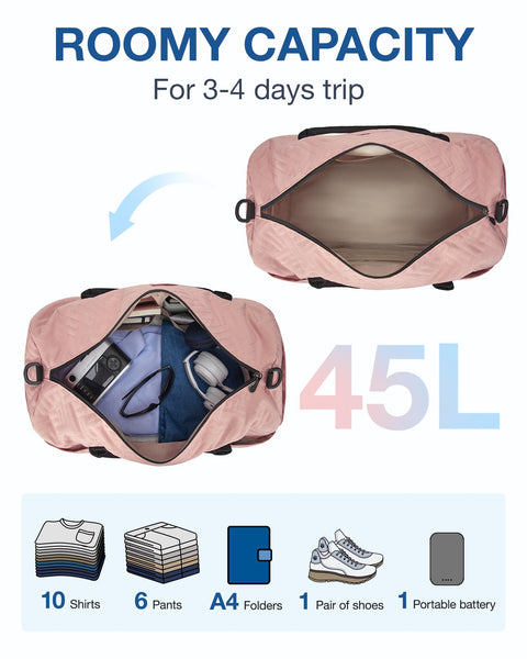 Travel Duffle Bag, BAGSMART 45L Large Carry On Bag Weekender Overnight Bag for Men Women with Shoes Compartment & Wet Pocket, Pink BAGSMART