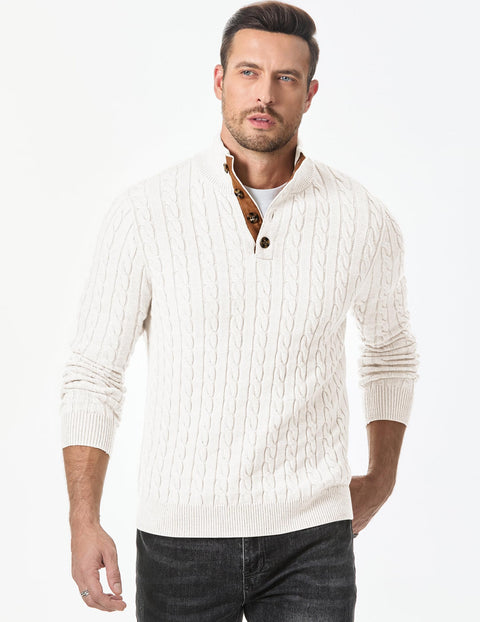 JMIERR Mens Sweater Cable Knit Casual Long Sleeve Essentials Button Chunky Winter Fashion Knitted Pullover Sweaters, 3XL, White