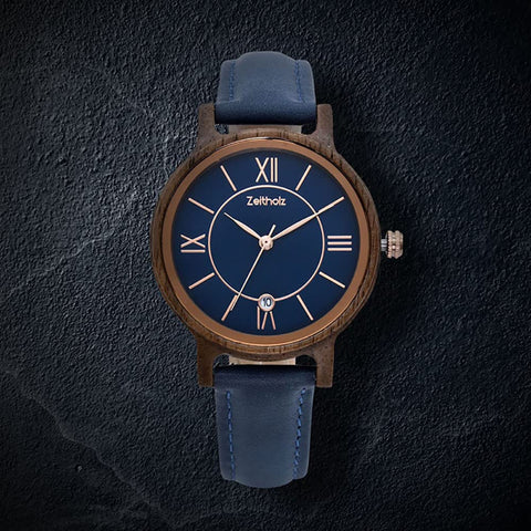 Zeitholz Wooden Watch Women, Wooden Watch, Gifts, Analog Watch, Date, New Rosenbach Collection 36mm, Natural Wood, Japanese Quartz Movement, Leather Strap. (Blue) Zeitholz