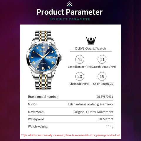 OLEVS Watch for Men Blue Big Face Watch for Men Two Tone Men's Wrist Watches Stainless Steel Waterproof Casual Fashion Mens Watches Luxury Diamond Quartz Men Watch relojes para Hombres OLEVS