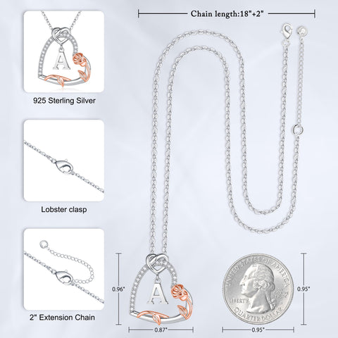 Iefil Gifts for Women Wife, Rose Heart Necklaces for Women, Anniversary Jewelry Gifts for Wife, Sterling Silver, Initial A