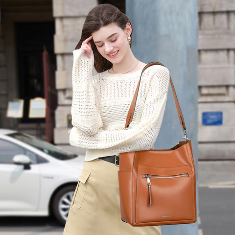 Over Earth Leather Bucket Bags for Women Shoulder Hobo Purse Ladies Tote Bag(O206E Brown) Over Earth