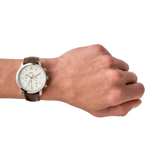Fossil Men's Neutra Quartz Stainless Steel and Leather Chronograph Watch, Color: Silver, Brown (Model: FS5380) Fossil