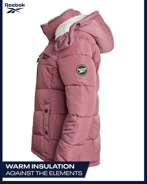 Reebok Womens Puffer Jacket - Heavyweight Puffer Coat with Faux Fur Trim Hood - Outerwear Down Winter Jackets for Women, Size Medium, Dusty Rose