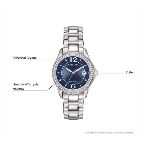 Citizen Women's Eco-Drive Dress Classic Crystal Watch in Stainless Steel, Blue Dial (Model: FE1140-86L) Citizen