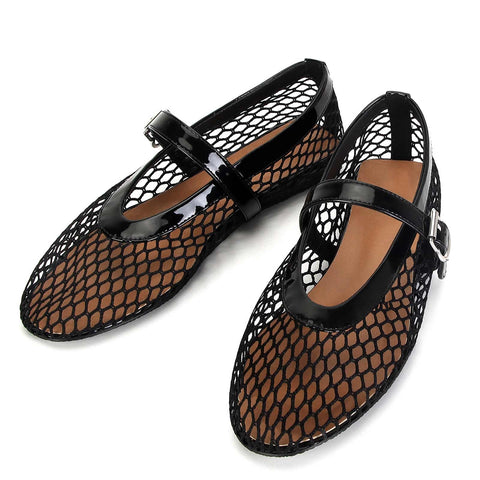 MICIFA Women's Mesh Ballet Flats Buckle Mary Jane Flats Ballerina Shoes Fishnet Causal Daily Dress Shoes
