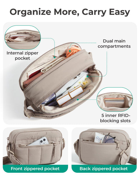 BAGSMART Cross Body Purse, Mini Crossbody Bags for Women Travel Purse, Puffy Shoulder Handbag Wallet with RFID Blocking Slots, Brown-small