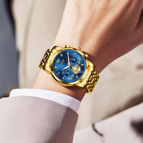 OLEVS Mens Gold Watches Dress Chronograph Watch Men Stainless Steel Diamond Multi-Function Men's Analog Watches Quartz Luxury Moon Phase Casual Blue Large Face Watch for Men Luminous Easy to Read