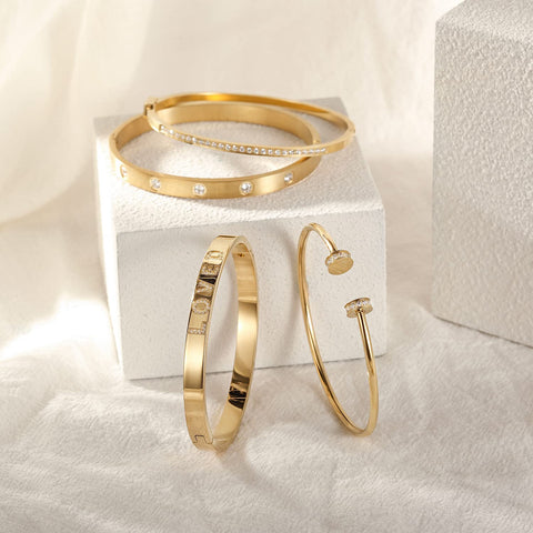 WISTIC Diamond Crystal Minimalism Cuff Bangle for Women Jewelry for Girls Clasp Wristband Touch of Luxury Polished Chunky Couples Friendship Bracelets (Gold) WISTIC