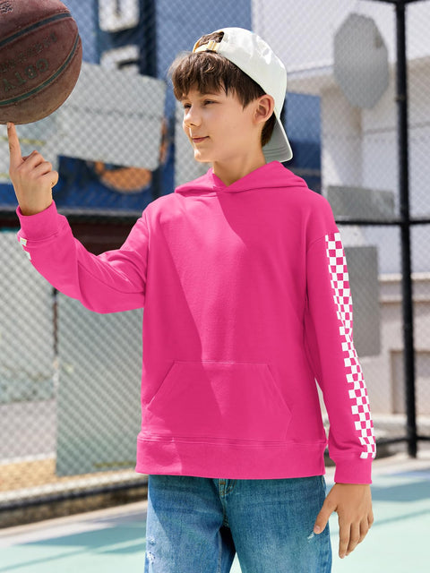 Haloumoning Girls Hoodies Kids Boys Fashion Plaid Long Sleeve Hooded Sweatshirt with Kangaroo Pocket 5-14 Years Hot Pink