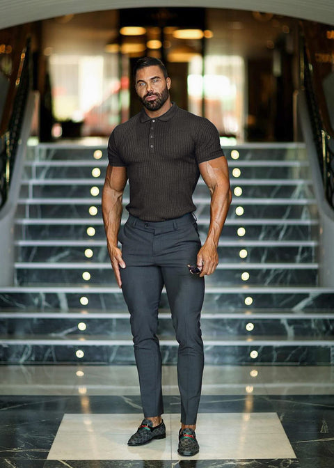 Collared Muscle Polo Shirts Men Slim Fit Textured Knit Polo Shirts Short Sleeve Button Down Shirts Casual Stylish Black