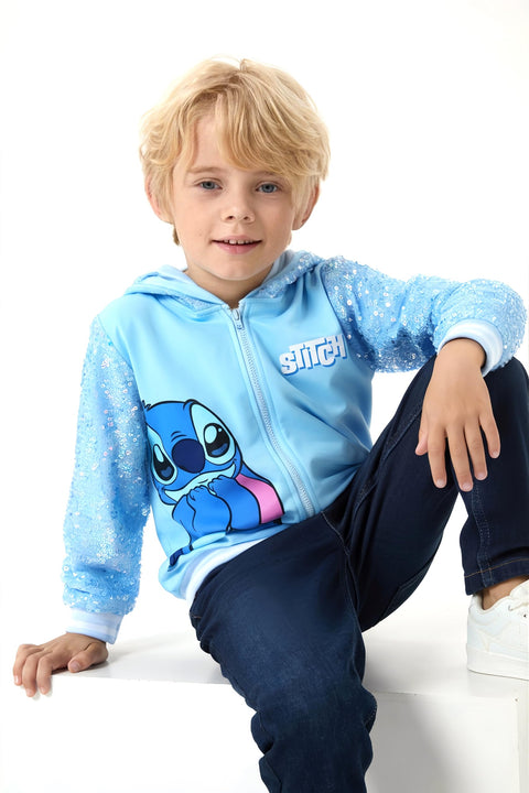 Disney Stitch Toddler Girl Jacket Light Blue Sequin Character Print Zipper Hoodie Sweatshirt Coat Birthday Party School Christmas Clothes 4-5T