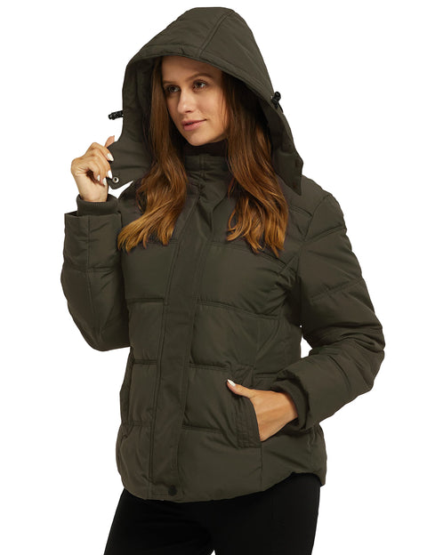 wantdo Women's Hooded Short Padded Winter Coat Warm Puffer Jacket Parka Olive S