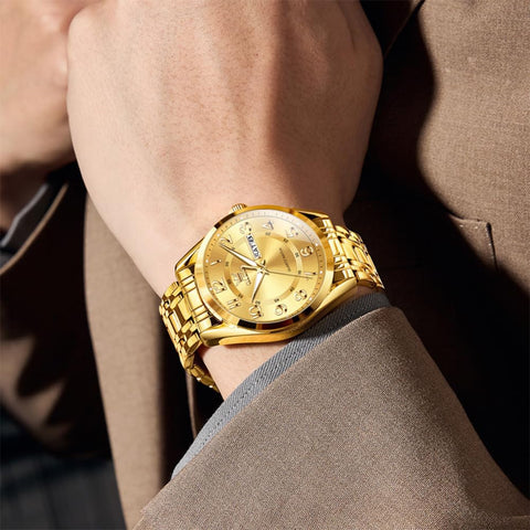 OLEVS Gold Watch for Man Luxury Dress Large Numer Analog Quartz Watch Waterproof Luminous Calendar Easy to Read Watches for Father