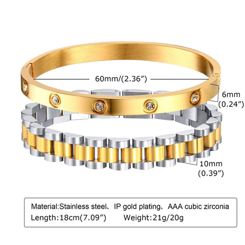 MPRAINBOW 2pcs Gold Chain Link Bracelet - Stainless Steel Love Cubic Zirconia Crystal Friendship Bracelet Bangle,Watch Band Chain Wristband Jewelry with Adjust Tool MPRAINBOW