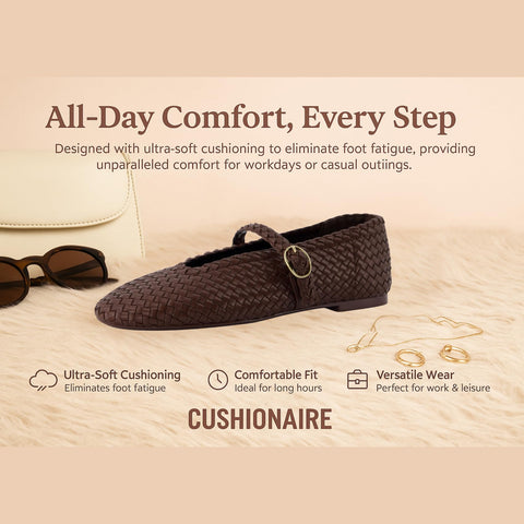 CUSHIONAIRE Bistro Mary Jane Flats for Women, Woven Ballet Flats Shoes with Strap and Memory Foam for All-Day Comfort, Brown 8