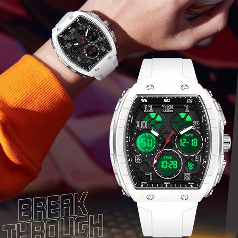 Watches for Men Unique Rectangle Relojes para Hombres White Wristwatch with Digital Analog Dual Time Display Countdown Stopwatch Punk Cool Design 5ATM Waterproof