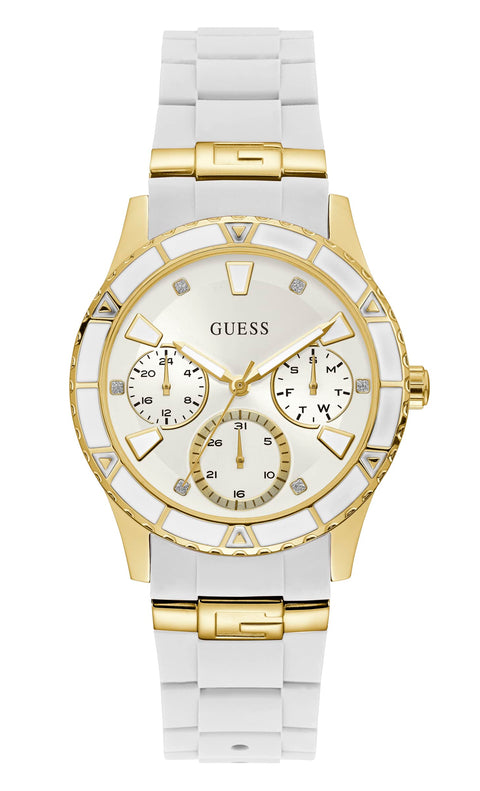 GUESS Ladies 38mm Watch - White Strap White Dial Gold Tone Case GUESS