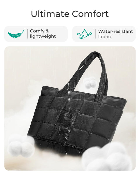 BAGSMART Expandable Tote Bag for Women, Puffer Work Tote Handbag, Quilted Carry On Bag for Travel Gym, Black, Large