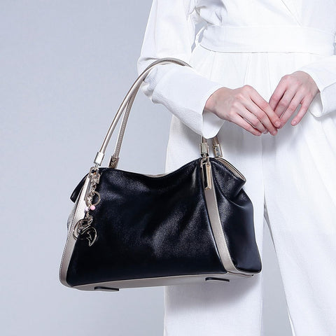 FOXLOVER Top Handle Shoulder Bags for Women Cow Leather Purses Women's Tote Handbags Satchel with Zipper Metal charm（B-Black Without Logo） FOXLOVER