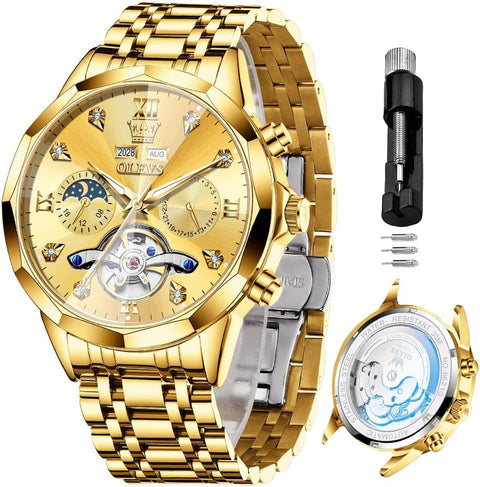 OLEVS Automatic Men Gold Watch Skeleton Mechanical Business Dress Stainless Steel Waterproof Luminous Calendar Luxury Classic Wrist Watch Male